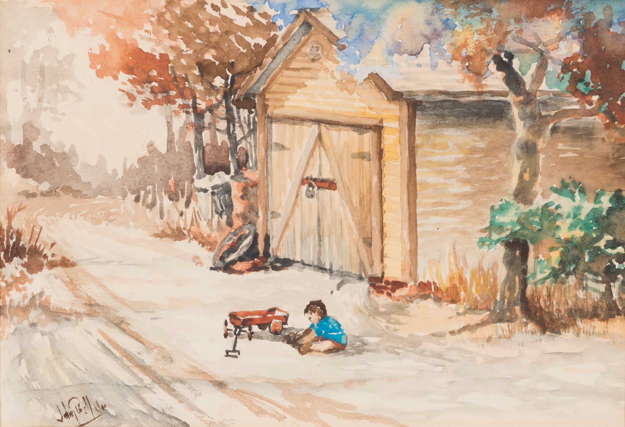 "Boy with Wagon" print on canvas