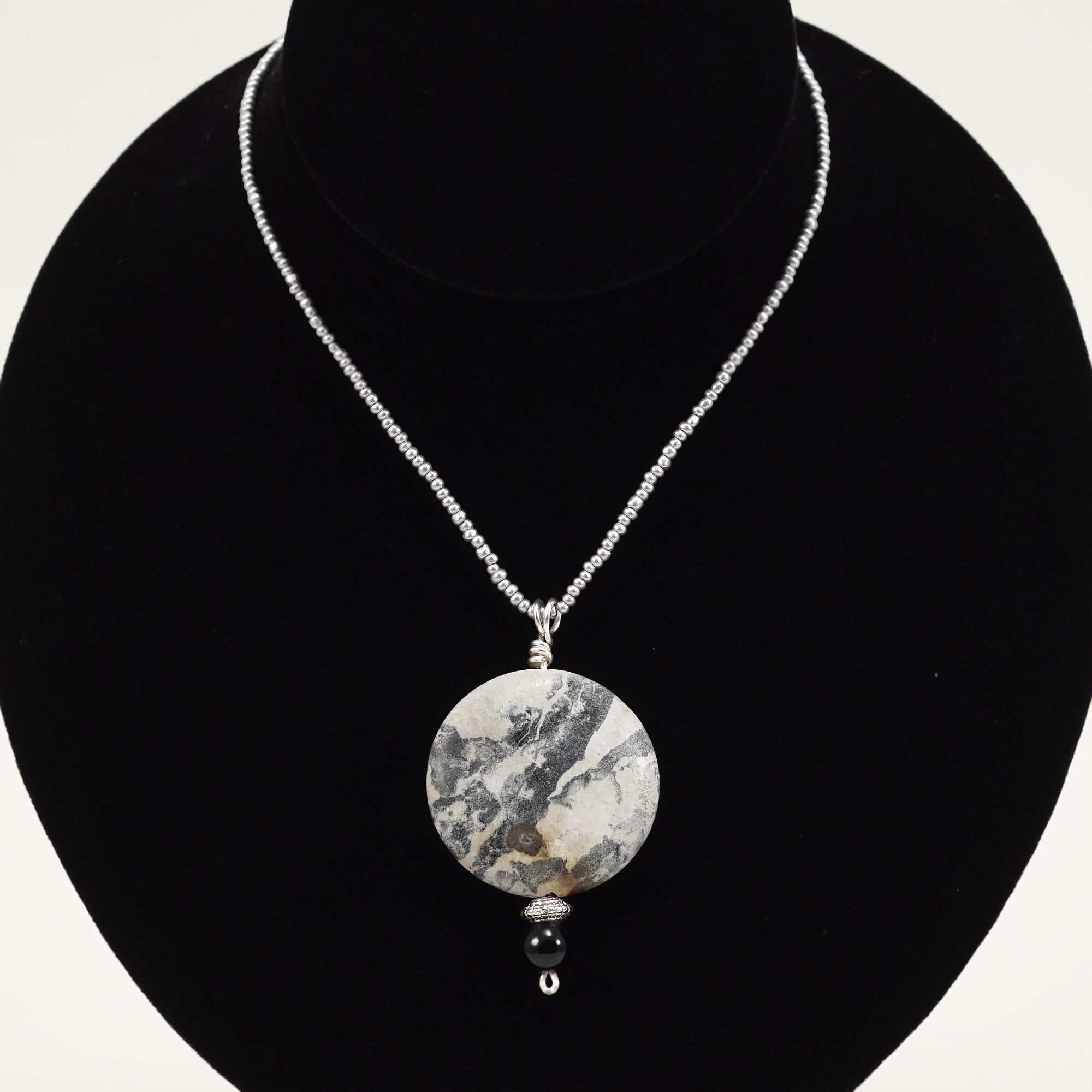 Flat Round Grey/Black Agate Necklace